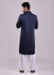 Lurex Lining Work Pathani Suit In Navy Blue Color